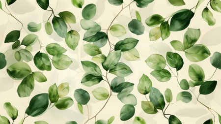 watercolor pattern of beige and green leaves on a cream background, foliage backgroundの素材