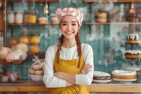 photo of a happy Asian baker girl standing on the threshold of her bakeryの素材