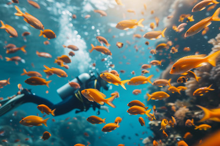a flock of yellow exotic fish swims in the ocean, a scuba diver is in the backgroundの素材