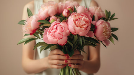 bouquet of pink peonies in female hands on a pastel beige background, spring concept, mother's dayの素材