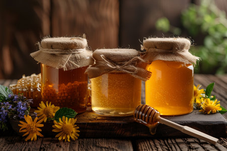honey, honey stick, honey in honeycombs, jars with different honey, chamomile flowers on a wooden tableの素材