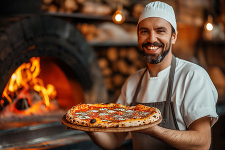 pizza maker holds ready-made beautiful pizza with basil c against the background of a wood-burning ovenの素材