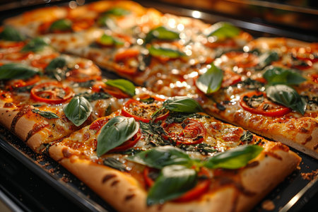 homemade square pizza with basil, on a baking sheet in the ovenの素材