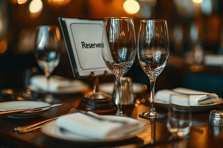 beautifully set table in an expensive restaurant with wine glasses and white plates and a sign with the inscription "Reserved"の素材