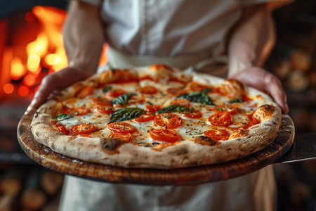 pizza maker holds ready-made beautiful pizza with basil c against the background of a wood-burning ovenの素材