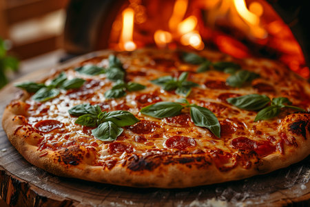 homemade round pizza with basil, in a wood-burning oven, fire in the backgroundの素材