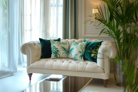 Interior design of a living room in art deco style in white and green tones, a sofa with pillows and a coffee tableの素材