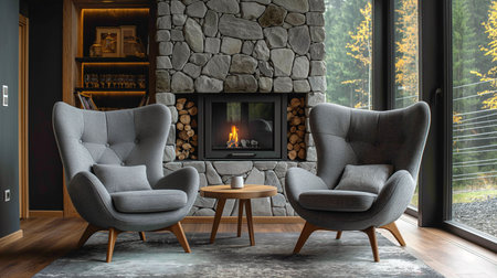 Two gray armchairs opposite a stone wall with a glass fireplace, Scandinavian interior design for a modern living room in a country houseの素材