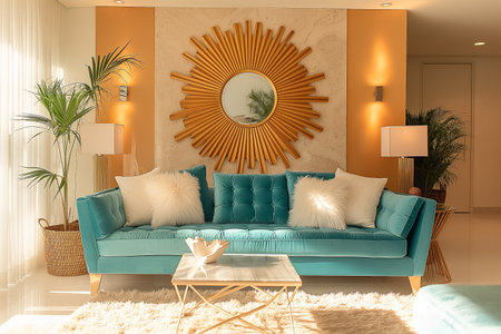Designer gold mirror in the shape of the sun on the wall in a bright living roomの素材