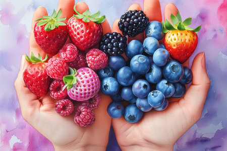 set of berries strawberries, blueberries, blackberries, raspberries Watercolor illustrationの素材