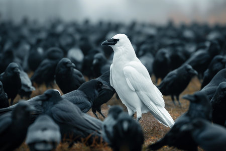 white crow among a flock of black crowsの素材