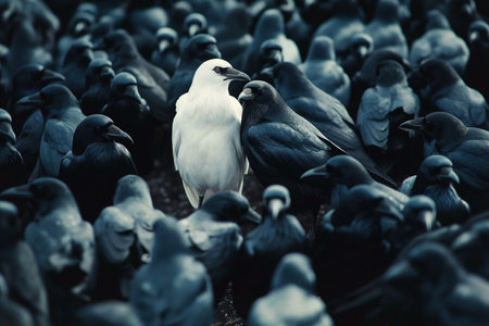 white crow among a flock of black crowsの素材