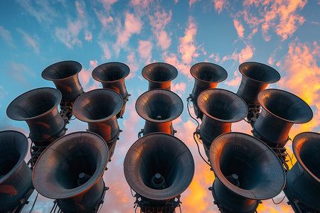 Many loudspeakers in the sky at sunset, close-up.の素材