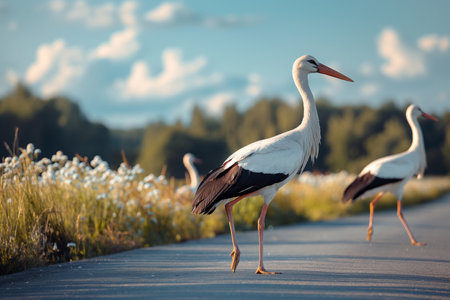 a group of majestic storks crosses the roadの素材