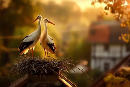 A pair of storks stands in a nest on the chimney of a village house at sunsetの素材