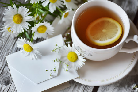 cup of tea with a slice of lemon next to a bouquet of daisies and an envelope with the inscription "Thank you!"の素材