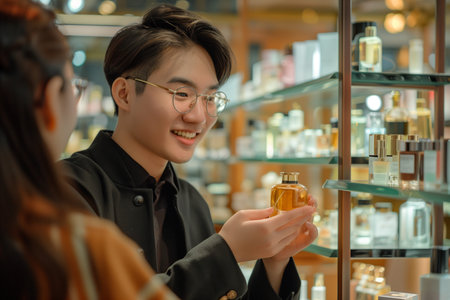 Smiling young Asian cosmetics salesman showing perfume products to buyer in cosmetics boutiqueの素材