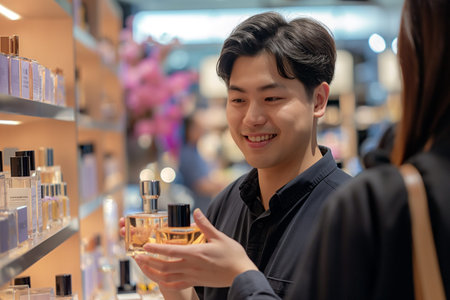 Smiling young Asian cosmetics salesman showing perfume products to buyer in cosmetics boutiqueの素材