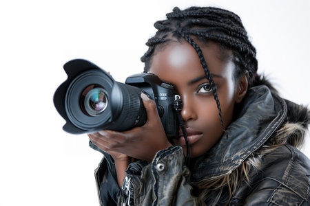 young afro american woman taking pictures with a large SLR camera in the studio on a white backgroundの素材