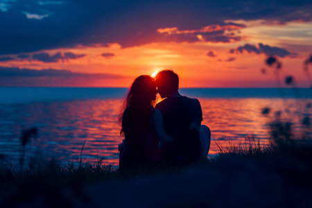 silhouette of a couple in love hugging on the seashore at sunsetの素材