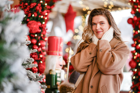 A beautiful woman in a white sweater and coat stands against the background of Christmas decorations, bokeh, holiday moodの写真素材