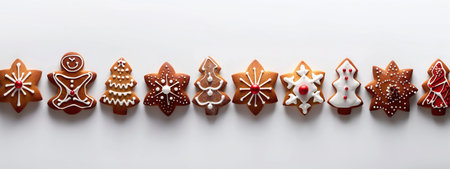 set of Christmas gingerbread cookies in a row on a white backgroundの素材