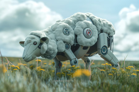 Futuristic robotic curly sheep graze on green lush alpine meadowsの素材