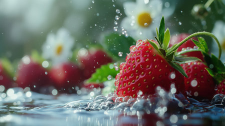 strawberry close up with water drops create a refreshing summer conceptの素材