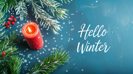 Holiday card. Christmas candle and fir branches with the inscription "Hello, winter"の素材