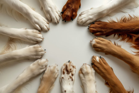 A close-up shot of multiple dogs' paws coming together in a circle, symbolizing unity, teamwork, and friendshipの素材