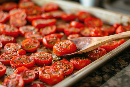 roasted confit cherry tomatoes, glistening with olive oil and herbs, being stirred with a wooden spoon on a baking trayの素材