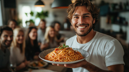 a man holding a plate of pasta serving a group of friends, sitting at a table, in the kitchen, they are happyの素材