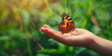 beautiful butterfly on hand on a background of green grassの素材