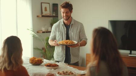 a man holding a plate of pasta serving a group of friends, sitting at a table, in the kitchen, they are happyの素材