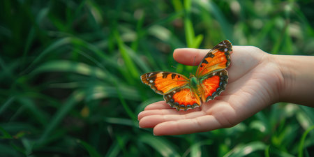 beautiful butterfly on hand on a background of green grassの素材