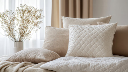 Quilted fabric in beige, with padded diamond patterns and soft cushioningの素材