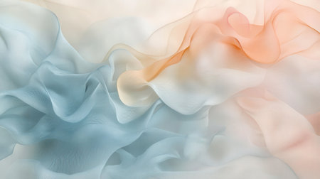 A delicate abstract background with flowing, semi-transparent layers of cream, blush, and pale blueの素材
