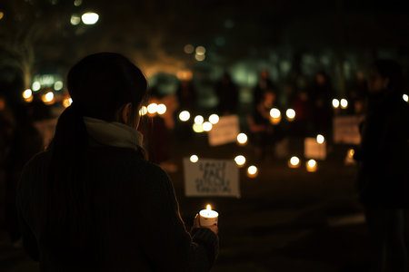 A peaceful vigil held for victims of injustice, with candles lit in remembrance and participants holding signs demanding justice and equalityの素材