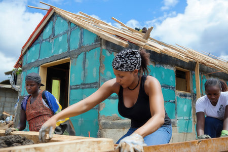 African American woman works in a construction site of a new house.の素材