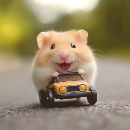 A chubby hamster smiling widely while riding a toy carの素材