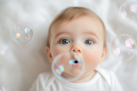 A baby blowing bubbles with their mouth, wearing a plain white romperの素材