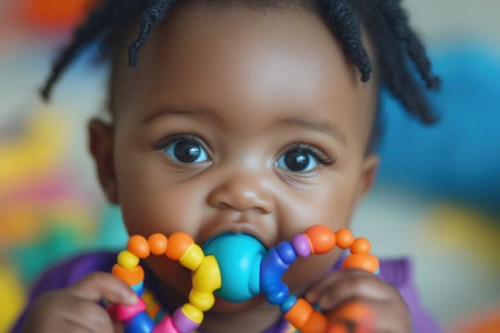 A baby chewing on a colorful teething toy, their face filled with playful concentrationの素材