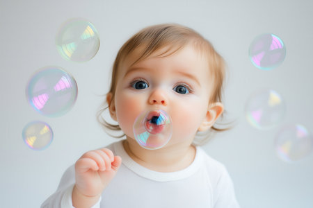 A baby blowing bubbles with their mouth, wearing a plain white romperの素材