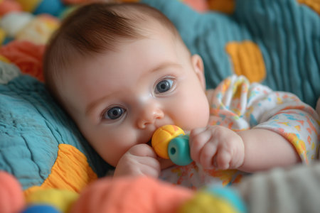 A baby chewing on a colorful teething toy, their face filled with playful concentrationの素材