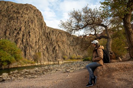 female tourist sits on the bank of a mountain river in a mountain gorge with ancient trees and a blue bright skyの写真素材