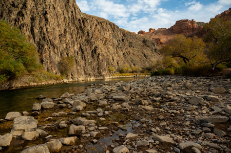 mountain river in a gorge with rocky banksの写真素材