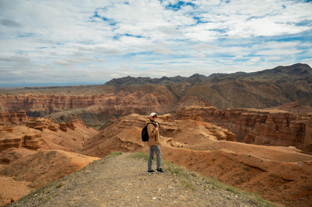 female tourist with backpack on hill looking at beautiful orange canyon mountains, rear viewの写真素材