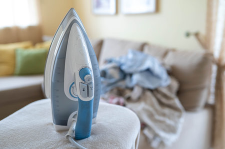 Electric steam iron on an ironing board, pile of wrinkled laundry on a sofa in a cozy sunlit living roomの写真素材