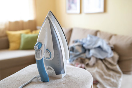 Electric steam iron on ironing board and pile of wrinkled laundry on sofa in background in cozy bright living rooの写真素材