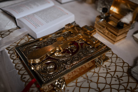 Close-up of religious objects on the altar in the Orthodox Churchの写真素材